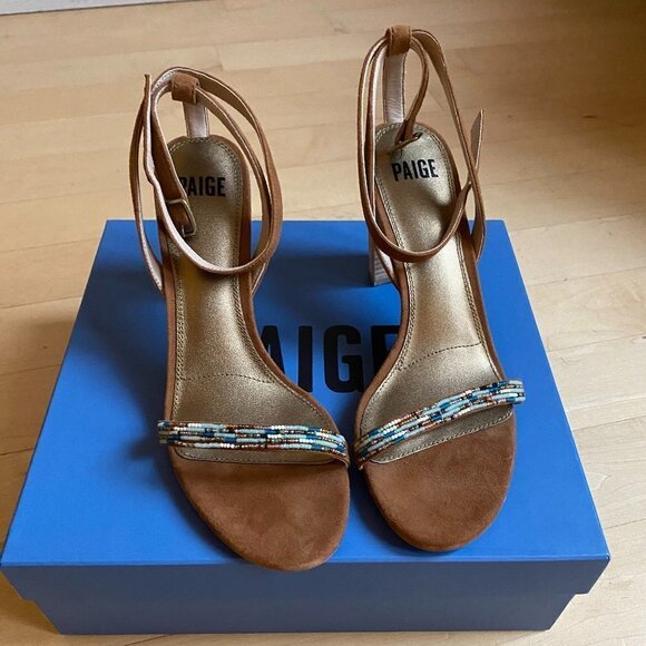 PAIGE New Brown Suede Block Heel Ankle Strap Beads - Picture 3 of 9